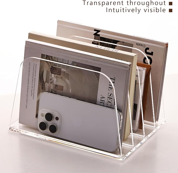 YUXUN Desk File Organizer Upright Clear Acrylic Desktop Organizer File Sorter Office Organization File Holder 4-Section Bookshelf for Home, Office & Classroom