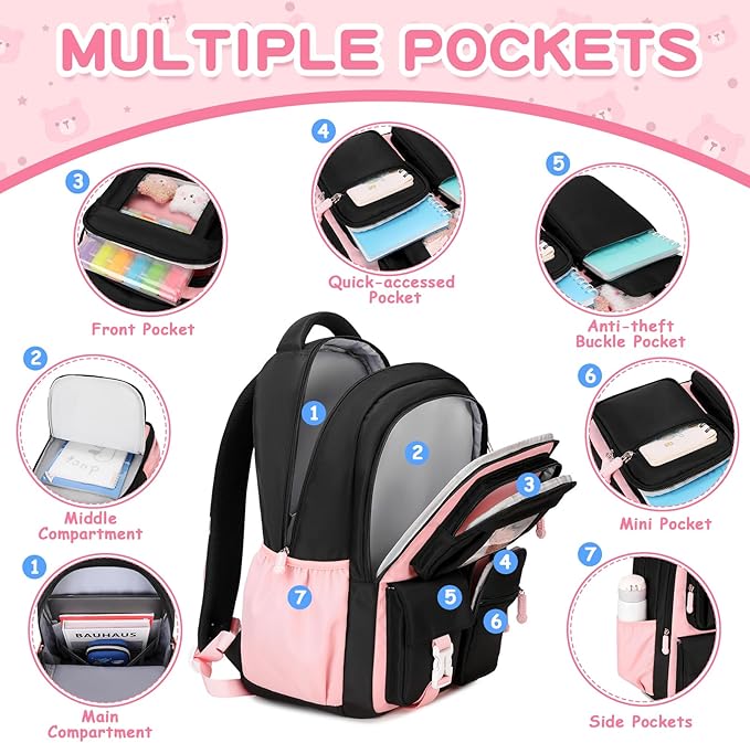 Kids Backpack for Girls School Bags for Middle School Students Book Bag for Elementary Primary Kawaii Ita Backpack, Black and Pink