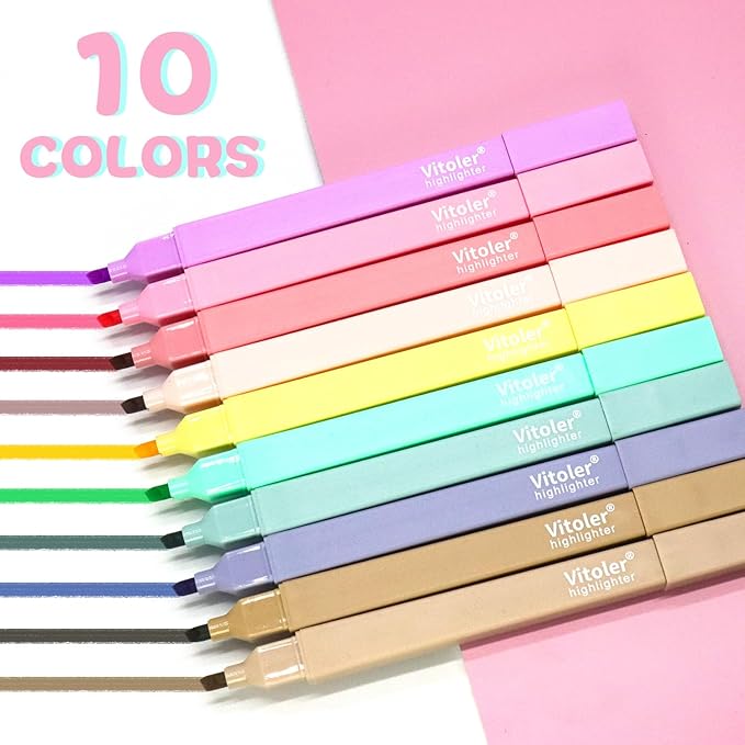 Vitoler 10 Pack Aesthetic Highlighters Soft Chisel Tip Bible Pastel Highlighters Cute Rainbow Color No Bleed Bible Highlighter,Great for Painting,Noting,Marking