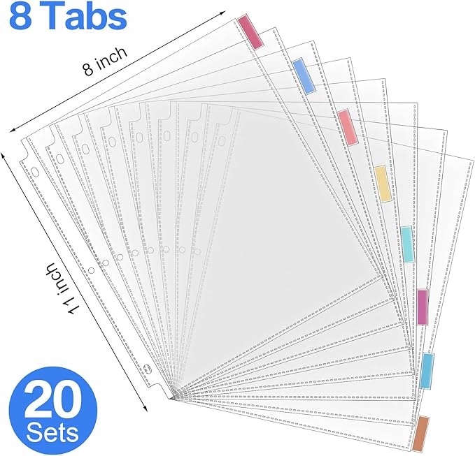 ReliThick 30 Set of 240 Pack Clear Sheet Protectors 8.5 x 11 Inch Page Protector for 3 Ring Binder with 8 Tabs Plastic Dividers for 3 Ring Binder, Insertable Index Page Divider Multicolor Tabs
