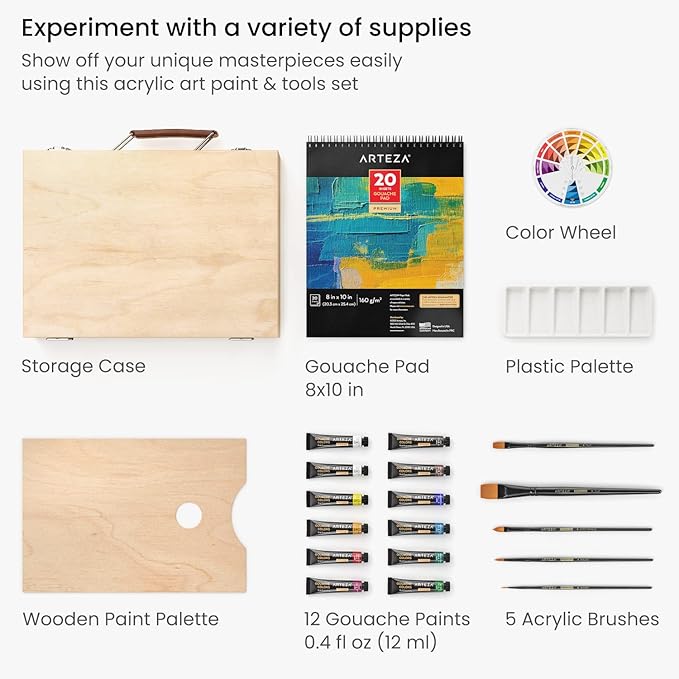 Arteza Gouache Paint Kit, 21 Pieces Art Set, 12 Gouache Art Paint Tubes, 5 Acrylic Brushes, Paper Pad, Plastic Palette, and Wooden Storage Case, Art Supplies for Professional Artists and Hobbyists