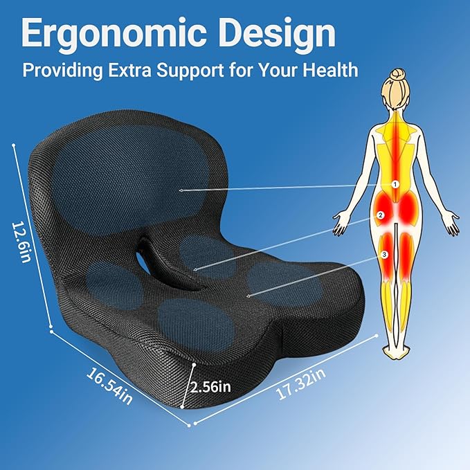 Memory Foam Seat Cushion,Office Chair Cushion with Lumbar Support for Back Pressure Relief, Car Seat Cushion with Adjustable Strap,Sciatica Pad Cushions for Car,Truck (Black+Mesh Cloth)