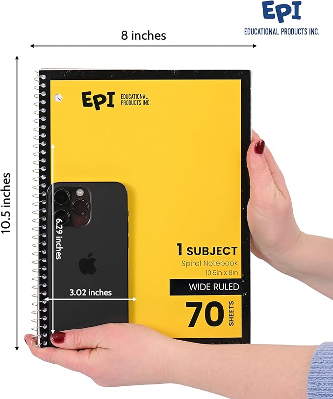 EPI Spiral Notebook | Wide - 70 Sheets, Durable Spiral Binding | 10.5 x 8 in | Classroom Supplies | School, Office, Note Taking, Journaling - 6 Pack