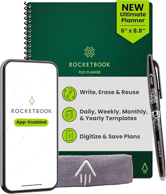 Rocketbook Flex Reusable Planner, Smart Undated, Daily, Weekly, Monthly, Annual Calendar Templates, Executive Size 6X8.8, Green (Pack of 1)