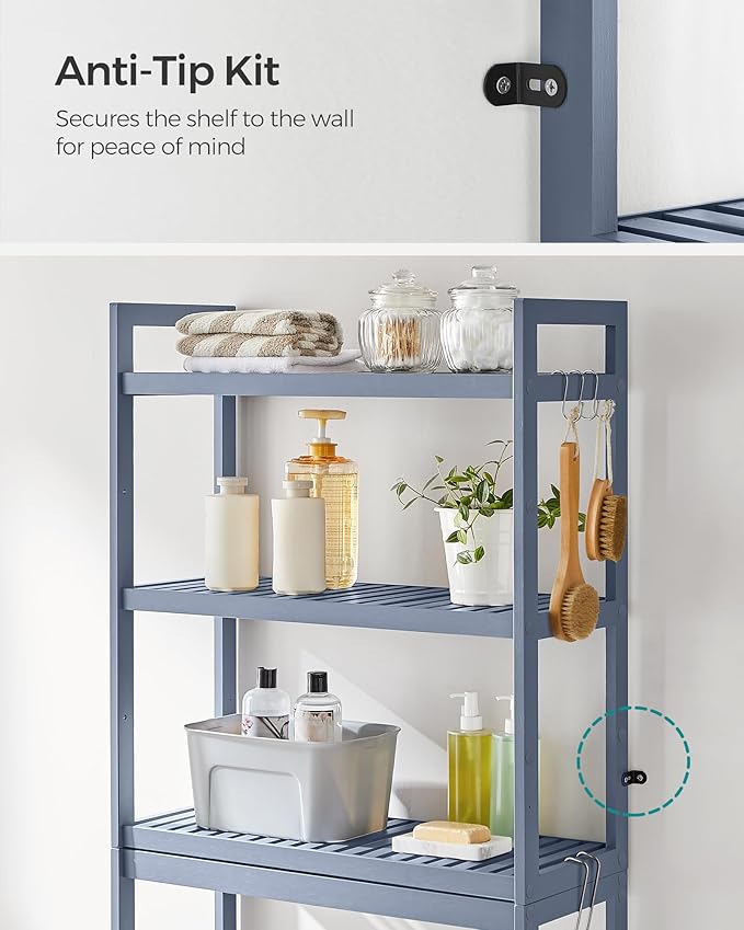 SONGMICS Over The Toilet Storage, 3-Tier Over Toilet Bathroom Organizer with Adjustable Shelf, 10.2 x 24.8 x 66.9 Inches, Space-Saving, Gray UBTS001G01