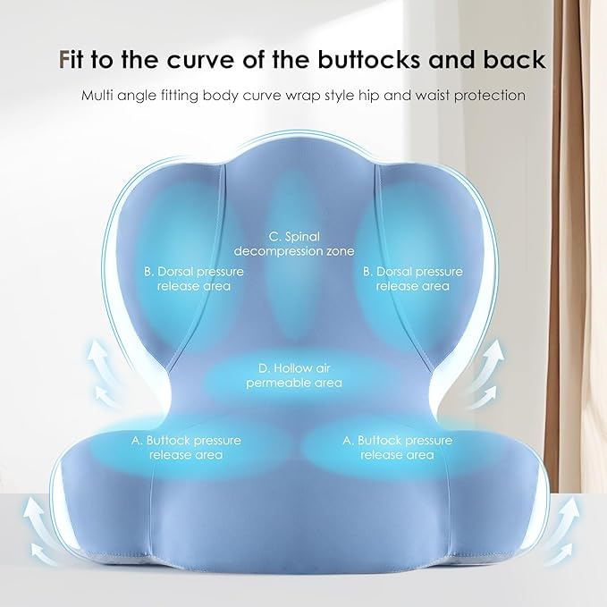 FLORICH Memory Foam Truck Seat Cushion,Car Seat Cushion and Lumbar Support Pillow for Office Chair, Ergonomic Back Support & Sciatica Relief for Long Drives(Blue)