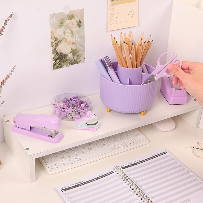 SKYDUE Purple Office Supplies Set, Purple Office Desk Accessories 10PCS, Pencil Holder for Desk, Stapler, Tape Dispenser, Scissors, Ruler, Binder/Paper Clips and 1000pcs Staples,Desk Supplies Set