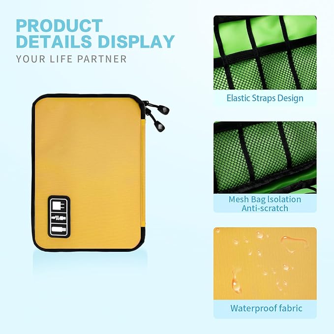 Electronics Travel Organizer,Portable Waterproof Electronic Travel Storage Bag for Small Charging Cord Storage,Charger,SD Card etc,for Travel,Business-Yellow Green