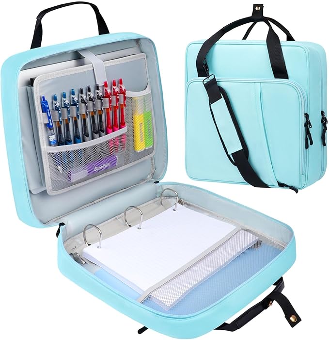 3 D-Ring Zipper Binder 2 inch with Shoulder Strap, Waterproof Oxford Binder with Zipper Storage 500 Sheets Capacity, Multi-Pockets Organizer Bag for 13 inch Laptop College Office (Blue)