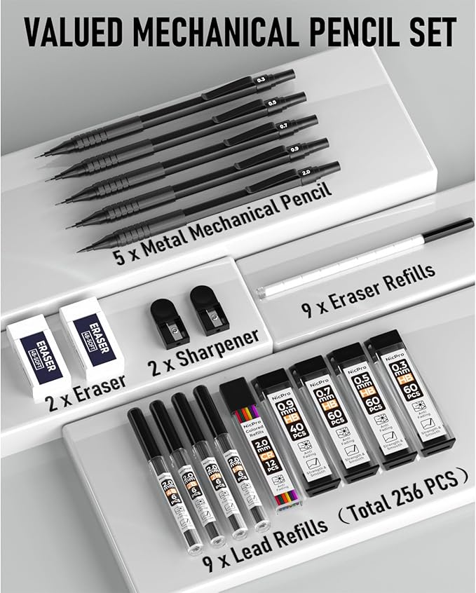 Nicpro Black Art Mechanical Pencil Set, 5PCS Metal Drafting Pencils 0.3, 0.5, 0.7, 0.9 mm & 2mm Graphite Lead Holder For Sketching Drawing With 9 Tubes (4B 2B HB 2H Colors) Lead Refills Erasers Case