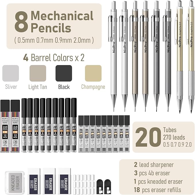 Nicpro 37PCS Art Mechanical Pencil Set, Metal Drafting Pencils 0.5 mm, 0.7 mm, 0.9 mm & 2mm Lead Pencil Holder (6B 4B 2B HB 2H 4H Colors) For Sketching Drawing With 20 Tube Lead Refills Eraser Case