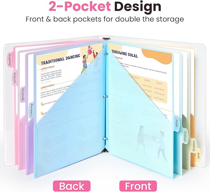 Sooez 8-Tab Binder Dividers with Two Pockets, 8 Tabs Dividers for 3 Ring Binder Organizers, 3-Hole Plastic Sheets Protectors for US Letter Size, School, College, Office Supplies, Pastels, Set of 2