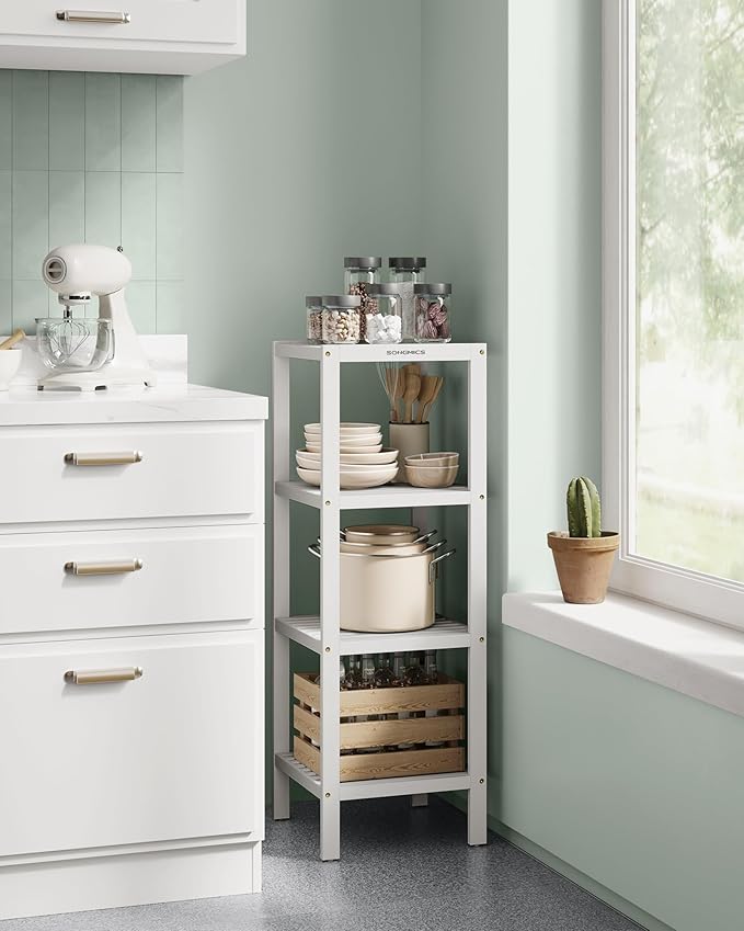 SONGMICS Bamboo Storage Shelf, 4-Tier Shelving Unit, Multifunctional, in The Entryway, Bathroom, Living Room, Balcony, Kitchen, 13 x 13 x 38.6 Inches, Cloud White UBCB054W01