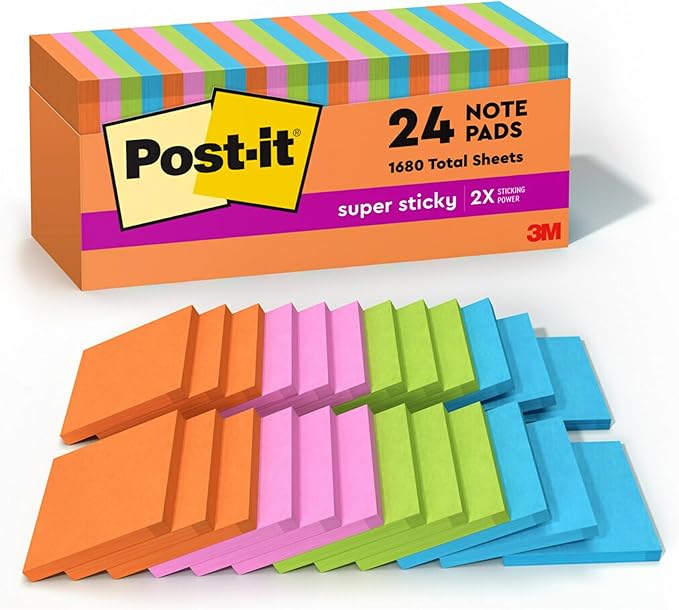 Post-it Super Sticky Notes, 24 Sticky Note Pads, 3 x 3 in., Ideal for Organization in Your Dorm, Home or Office, Energy Boost Collection