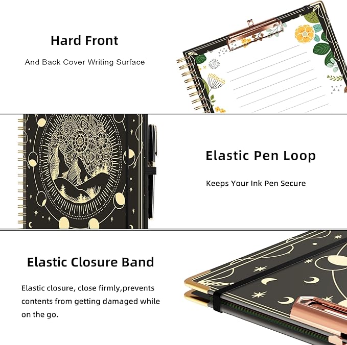 Ospelelf Clipboard with Storage 8.5 X 11，Padfolio Organizer, Spiral Portfolio Letter Size with Notepad, Pen Holder, 5 Extra Folder Divider Pages, Elastic Closure Nurse Office Essentials (Moon)