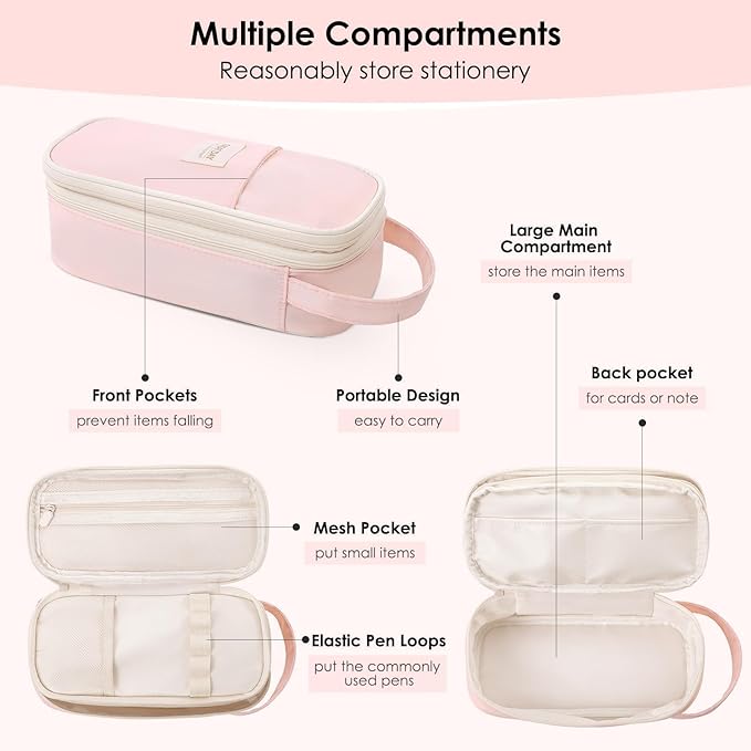 SKYDUE Cute School Supplies 38 PCS, Pencil Case with 12 Pastel Highlighters, 5 Black Gel Pens, Mechanical Pencils, College Essentials Students Stationary Set Pink