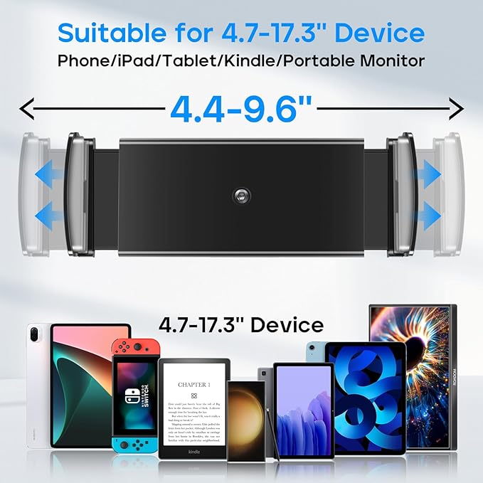 ROADOM Tablet Stand, Adjustable 360° Swivel Bracket, 180° Tiltable Clamp,Foldable Tablet Holder for 4.7-17.3'' iPhone/iPad/Tablet/Portable Monitor, Aluminum Alloy, Black