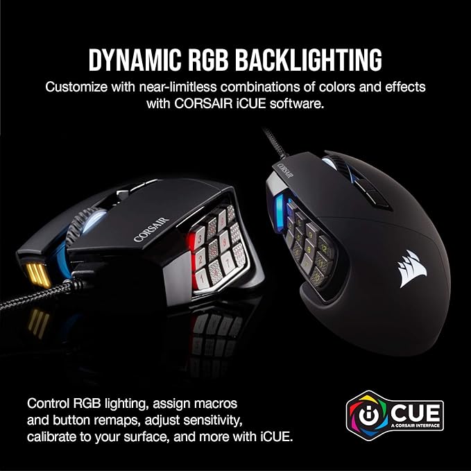 Corsair Scimitar RGB Elite Wired MOBA/MMO Gaming Mouse – 18,000 DPI – 17 Programmable Buttons – iCUE Compatible – PC, Mac, PS5, PS4, Xbox – Black