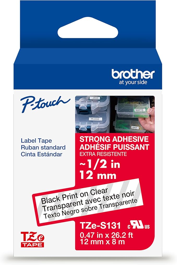 Brother Genuine P-touch TZE-S131 Tape, 1/2" (0.47") Wide Extra-Strength Adhesive Laminated Tape, Black on Clear, Laminated for Indoor or Outdoor Use, Water-Resistant,0.47" x 26.2' (12mm x 8M), TZES131