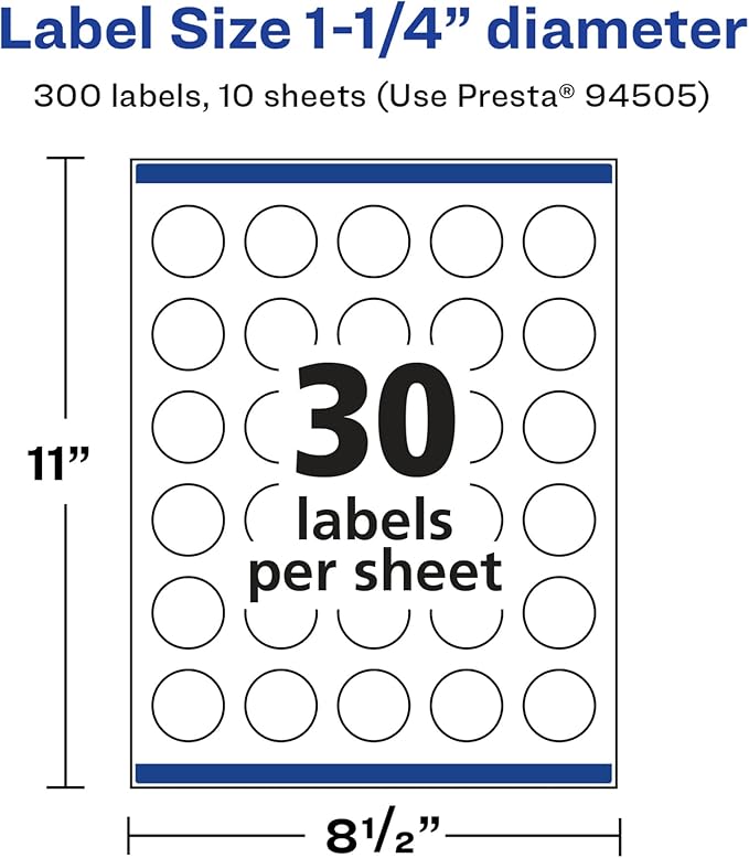 Avery Glossy White Round Labels, Sure Feed Technology, 1.25" Diameter, 300 Glossy White Labels, Print-to-The-Edge, Permanent Adhesive, Laser/Inkjet Printable