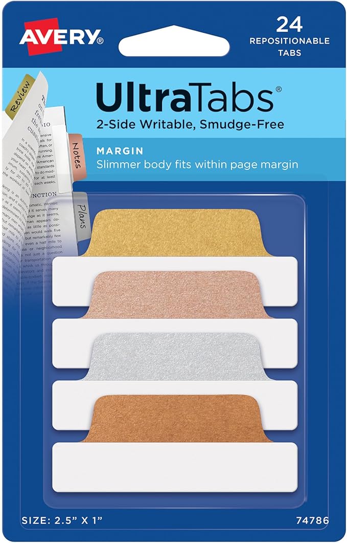 Avery Margin Ultra Tabs, 2.5" x 1", 2-Side Writable, Assorted Metallic, 24 Repositionable Page Tabs (74786)