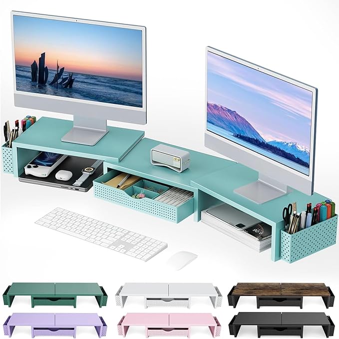 gianotter Dual Monitor Stand Riser, Desk Organizer With Drawer and 2 Pen Holders, Monitor Stand for Desk, Office Decor Essentials (Blue)