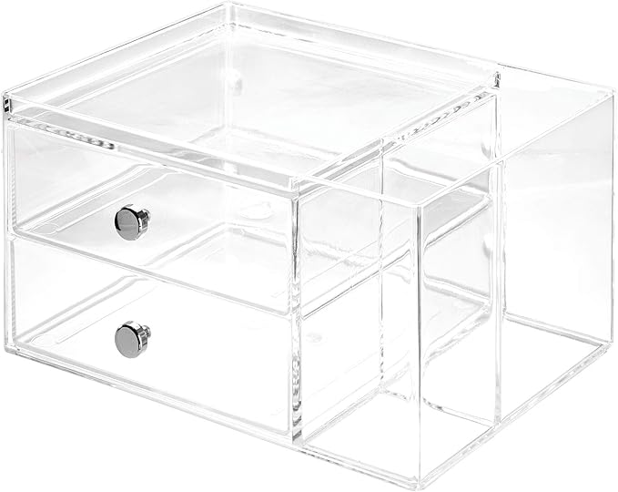 iDesign Plastic Vanity, Compact Storage Set Compartments for Cosmetics, Dental Supplies, Hair Care, Bathroom, Dorm, Desk, Countertop, Office, 6.5" x 6.5" x 6.5", 2 Drawer-Side Organizer