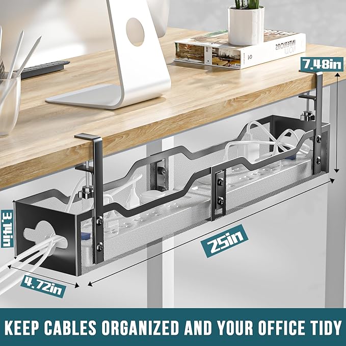 Under Desk Cable Management Tray Black, Litwaro Cable Management Under Desk No Drill, 25'' Cable Tray with Clamp for Wire Management, Cord Organizer for Office, Home - No Damage to Table