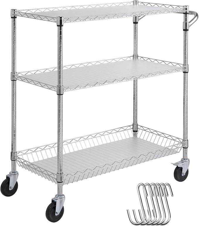 VEVOR Kitchen Utility Cart, 3 Tiers, Wire Rolling Table with 661 LBS Capacity, Steel Service Desk on Wheels, Metal Storage Trolley with 80 mm Deep Basket Curved Handle PP Liner 6 Hooks