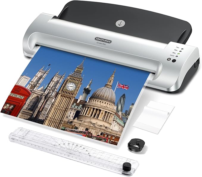 13-Inch Thermal & Cold Laminator Machine, Quick Warm-Up, 3 Temp Settings, Jam-Free ABS, Built-in Paper Trimmer & Corner Rounder, 10 Laminating Pouches, for Home Office School