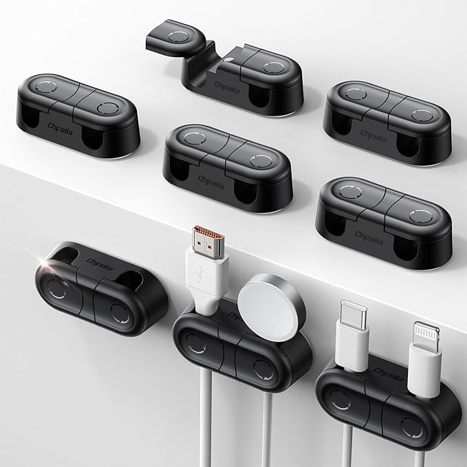 Magnetic Cable Clips - Chfeila 8Pack [Dual Slot] [360°Rotating & Twist-Lock] Cord Management, Adhesive Phone Charging Keeper, Wire Organizer Holder for Nightstand, Home Office Desk Accessories Decor