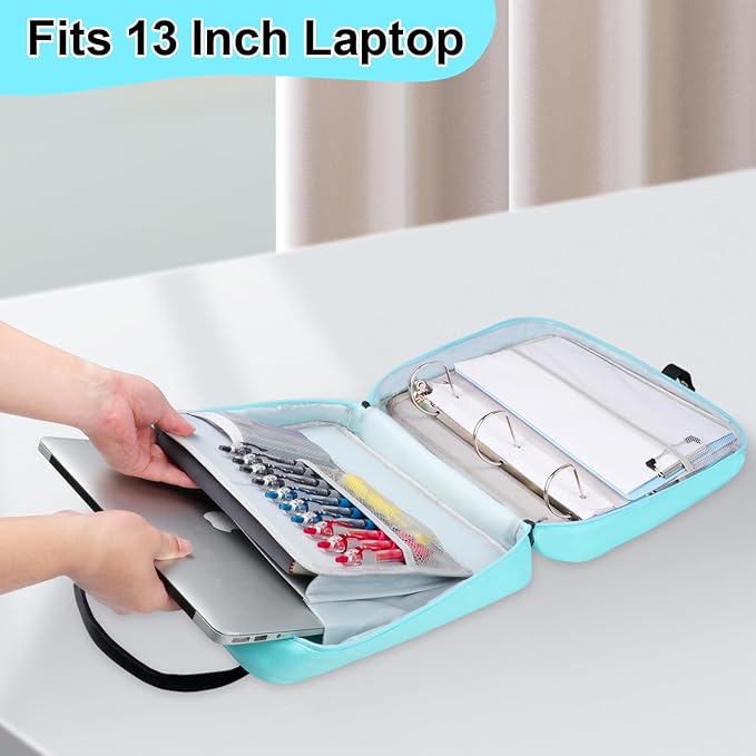 3 D-Ring Zipper Binder 2 inch with Shoulder Strap, Waterproof Oxford Binder with Zipper Storage 500 Sheets Capacity, Multi-Pockets Organizer Bag for 13 inch Laptop College Office (Blue)