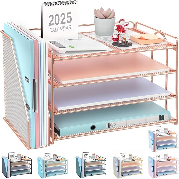 gianotter 4-Tier Paper Organizer With Magazine Holder, Desk Organizers and Accessories, Desk Accessories & Workspace Organizers, File Organizer for Office Supplies Storag (Rose Gold, 4-Tier)