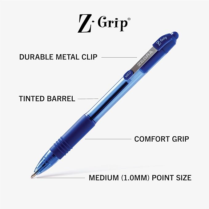 Zebra Pen Z-Grip Retractable Ballpoint Pen, Smooth-Flowing Blue Ink, 1.0mm Medium Point, School & Office Supplies, Ideal for Note-Taking, Journal and Planner Use, 36-Pack (25236)