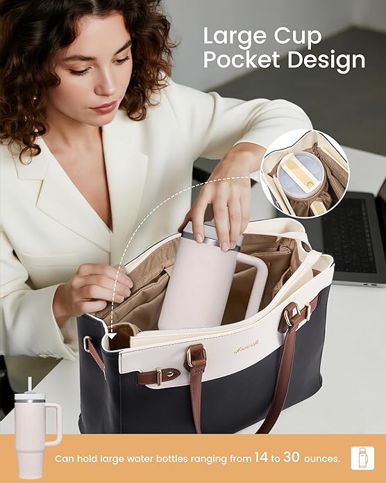 LOVEVOOK Laptop Tote Bag for Women Work, Teacher Tote Bag with Large Cup Holder, 15.6 Inch Waterproof Leather Computer Bag