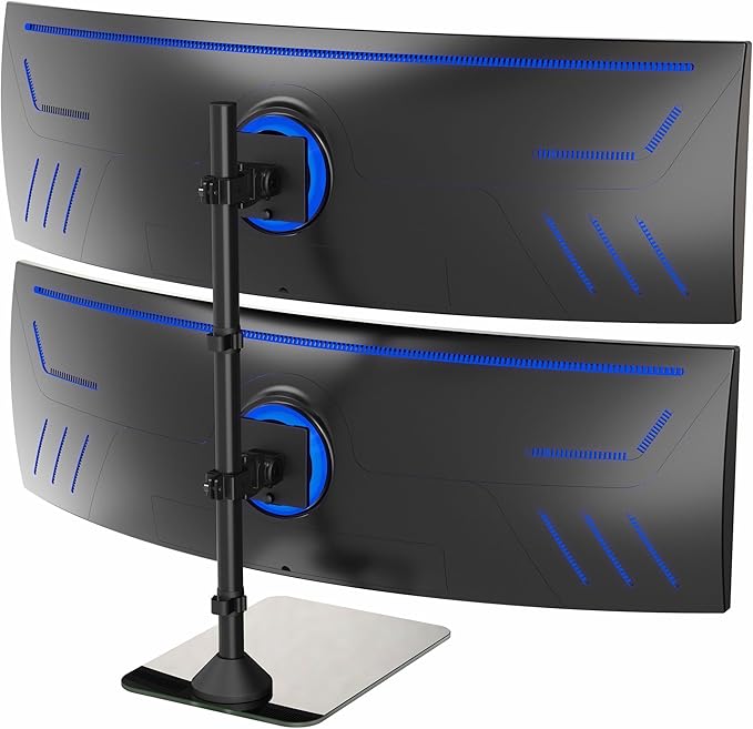 VIVO Dual Vertically Stacked Ultra-Wide Monitor Desk Stand with Glass Base, Extra Tall Adjustable Mount for 2 Ultrawide Screens up to 49 inches, 44 lbs Per Screen Capacity, Black, STAND-V202LG