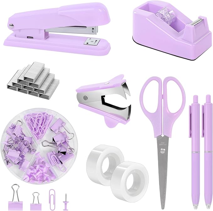 SKYDUE Purple Desk Accessories, Purple Office Supplies Set, Stapler, Tape Dispenser, Scissors, Binder/Paper Clips and 1000pcs Staples,Office Supplies for Women