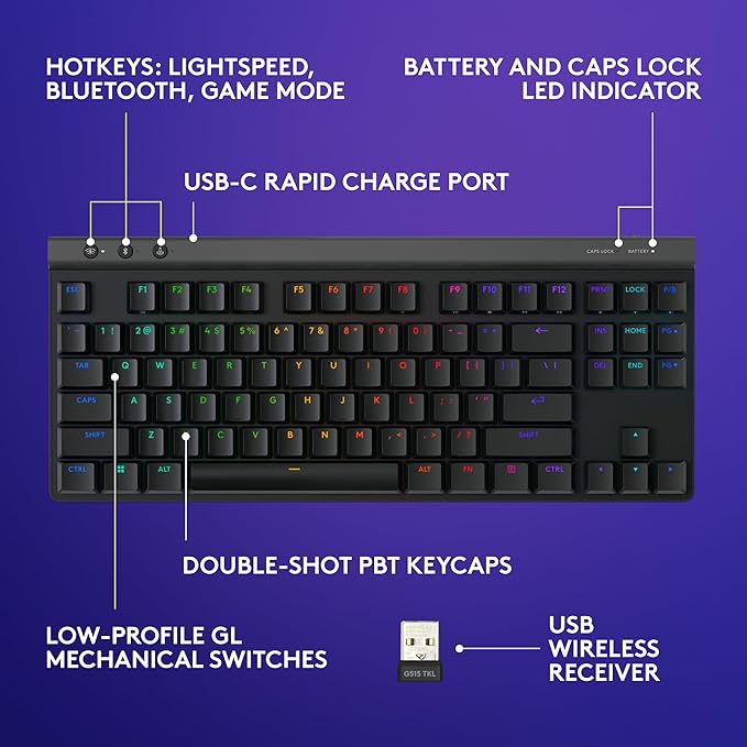 Logitech G515 Wireless Gaming Keyboard TKL, LIGHTSYNC RGB, Thin Tenkeyless Design, Double-Shot PBT Keycaps, Tactile Brown Mechanical Switches - Black (Renewed)
