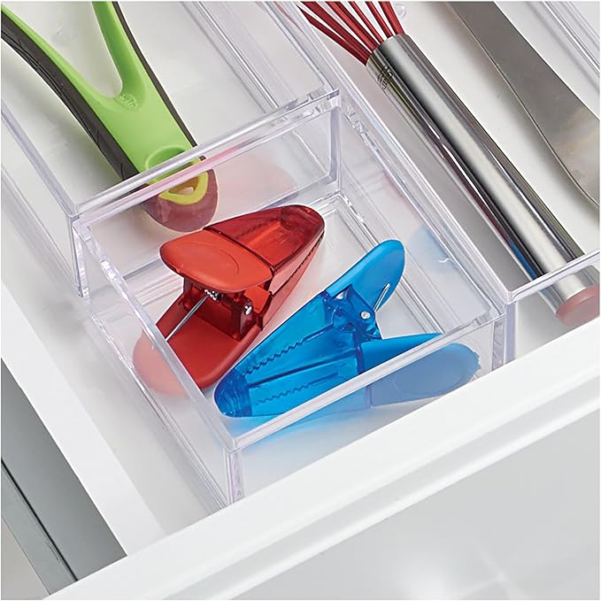 iDesign Clarity Plastic Drawer Organizer, Storage Container for Kitchen Gadgets, Corks, Sticky-Notes, Clips in Pantry, Cabinets, Countertops, 4" x 4" x 2" - Clear,X-Small