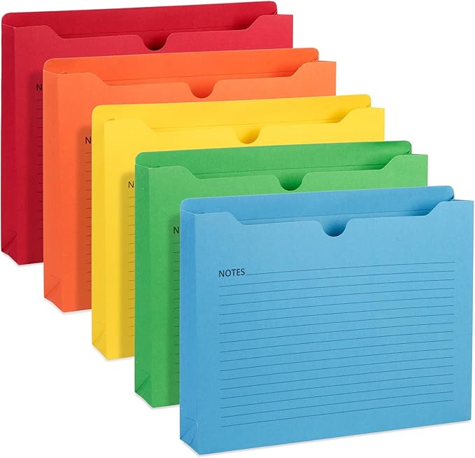 Blue Summit File Jackets Letter Size 2 Inch Expansion, Lined Folders with Lines for Notes on Front, 2 inch File Jacket Folders, Top Tab Pockets, Assorted Colors, Expandable, 25 Pack