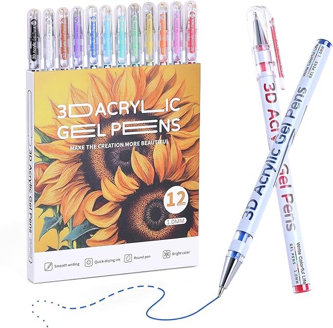 3D Acrylic Gel Pen,12 Colors Gel Pens With 1mm Bullet Tip Point, Acrylic Paint Pens for Black Paper,Rock Painting, Glass, Wood, Fabric,Cards,Scrapbook,DIY Art Crafts