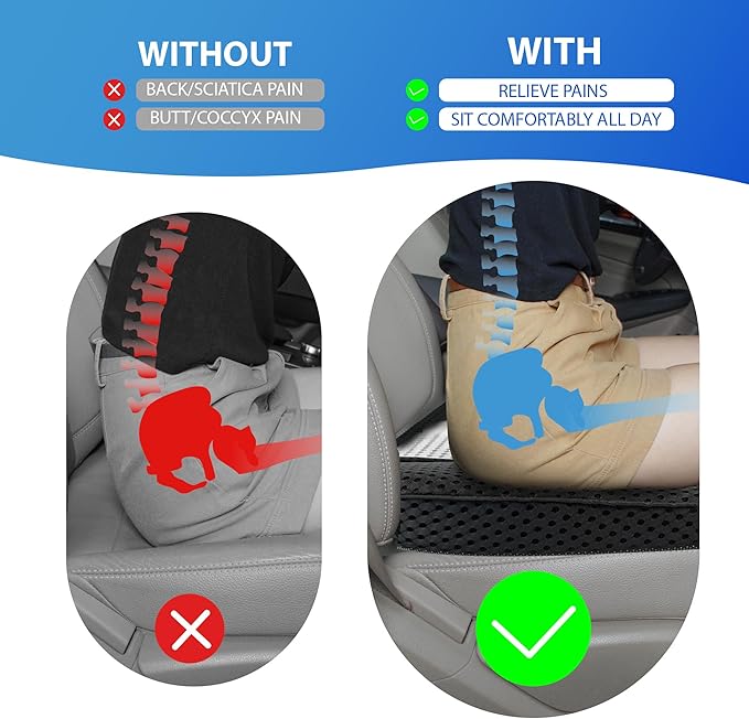 Car Seat Cushion, Comfortable Memory Foam Seat Pillow for Driving, Sciatica-Back Pain Relief, Cushion for Car-Truck, Office, Wheelchair - Mesh Black&Gray