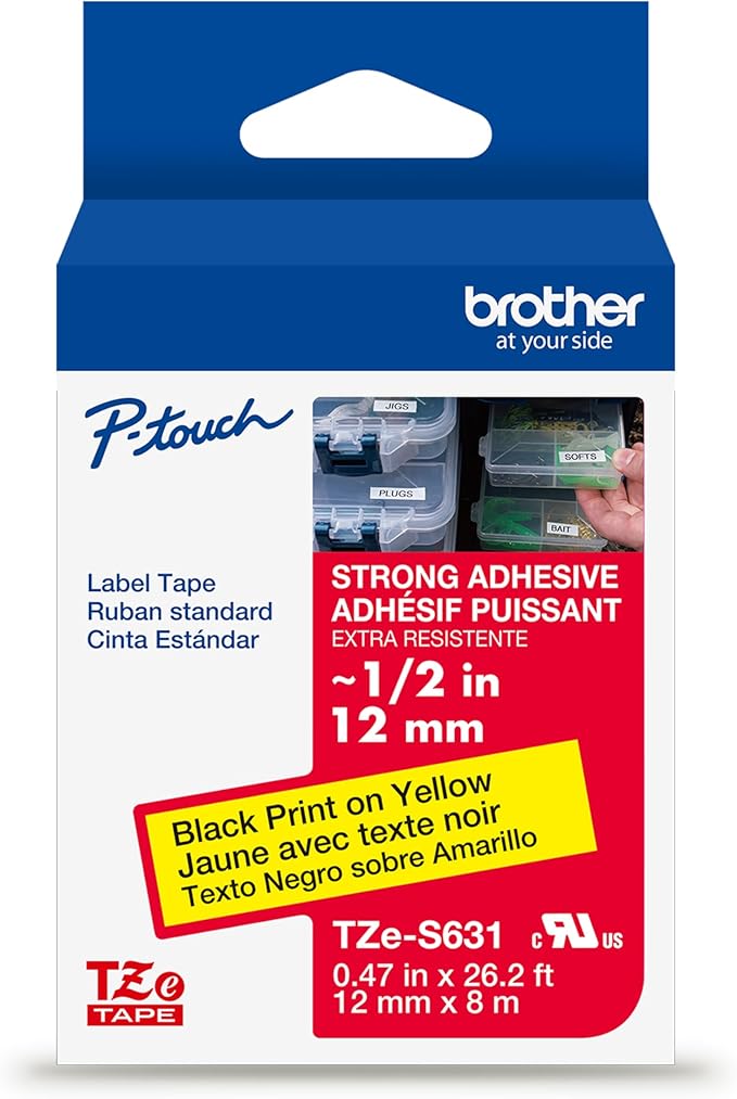 Brother Genuine P-Touch TZe Black Print on Yellow Label Tape (TZeS631), Strong Adhesive Laminated, ~1/2in x 26.2ft (12mm x 8m), for Select P-Touch Label Makers, Water-Resistant, Extra Strength