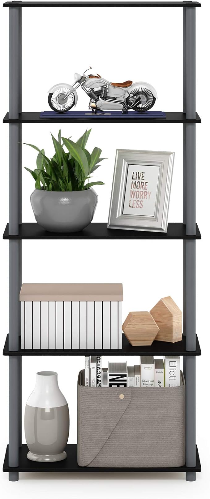 Furinno TURN-N-TUBE Storage Shelves, 5-Tier Book Shelf, Corner Shelf, Toolless Open Shelves, for Organization and Storage, Living Room, Garage, Home Office, Black