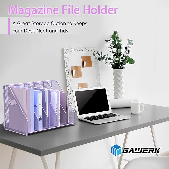 Desk File Organizer Metal Desk Magazine Folder Holder with 5 Vertical Compartments Rack File Organizer for Office, Home, School (Purple)