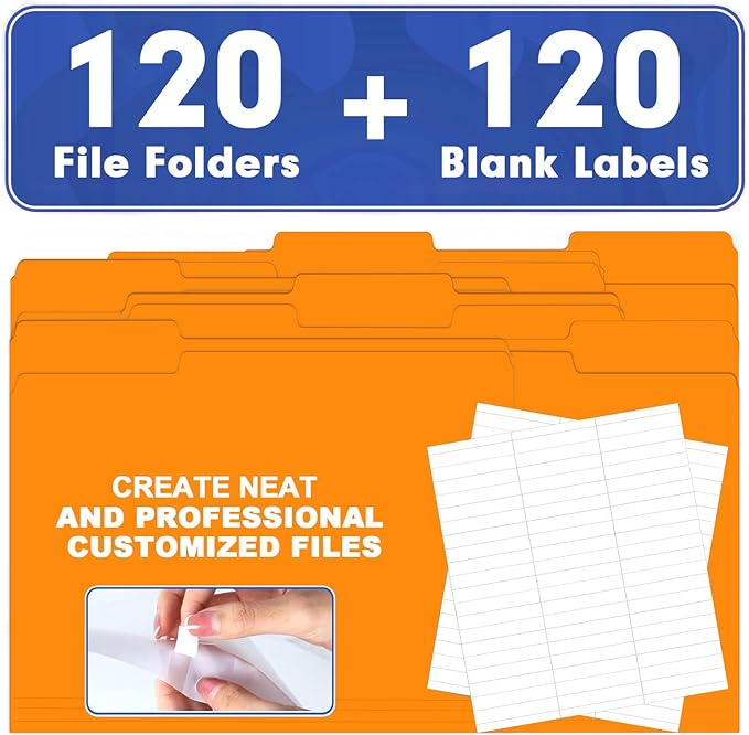 File Folder, HERKKA 120 Pack 1/3 Cut Tab File Folders, File Folders Great for Organizing and Filing, Letter Size, Orange