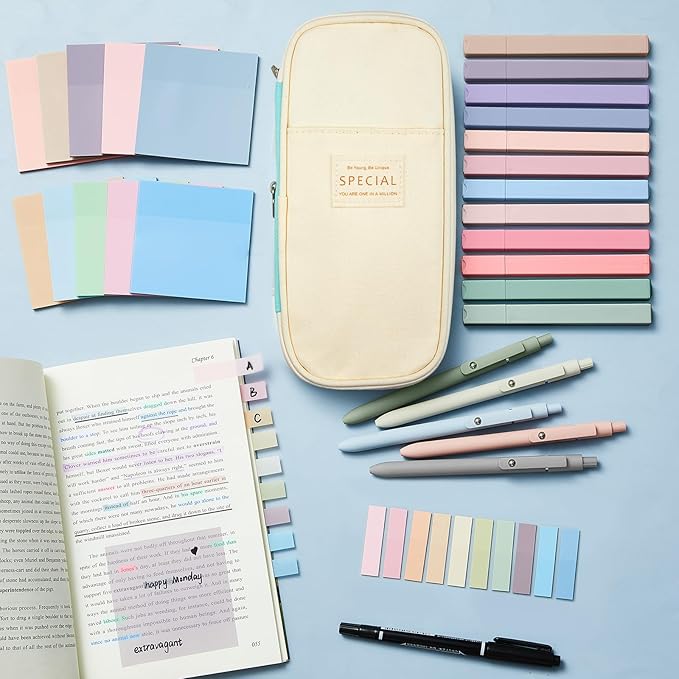 Jutom 39 Pcs Aesthetic Book Annotation Kit Highlighter with Pencil Case Bag Gel Pen Transparent Sticky Note Taking Bible Study College School Supplies(Mint Green,Cute Style)