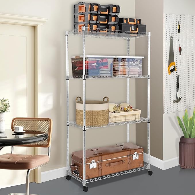 Whitmor 4 Tier Storage Shelves, Heavy Duty with Wheels, 400 lbs Capacity per Shelf, Max 1600 lbs Total, Adjustable Shelving Unit for Garage, Kitchen, Bathroom, 36" L x 18" W x 59" H, Chrome