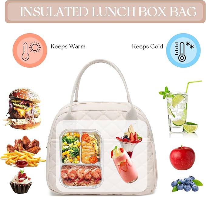 CAMTOP Lunch Box for Women Insulated Lunch Bag Lunchbox Cooler Thermal Leakproof Quilted Reusable Lunch Tote Bag for Work School Travel Picnic