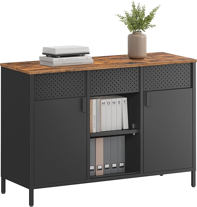 SONGMICS Storage Cabinet, Metal Cabinet, Sideboard with 2 Doors, 15.7 x 43.3 x 29.9 Inches, Magnetic Closure, Adjustable Shelves, Steel Frame, Rustic Brown and Matte Black ULSC204B01